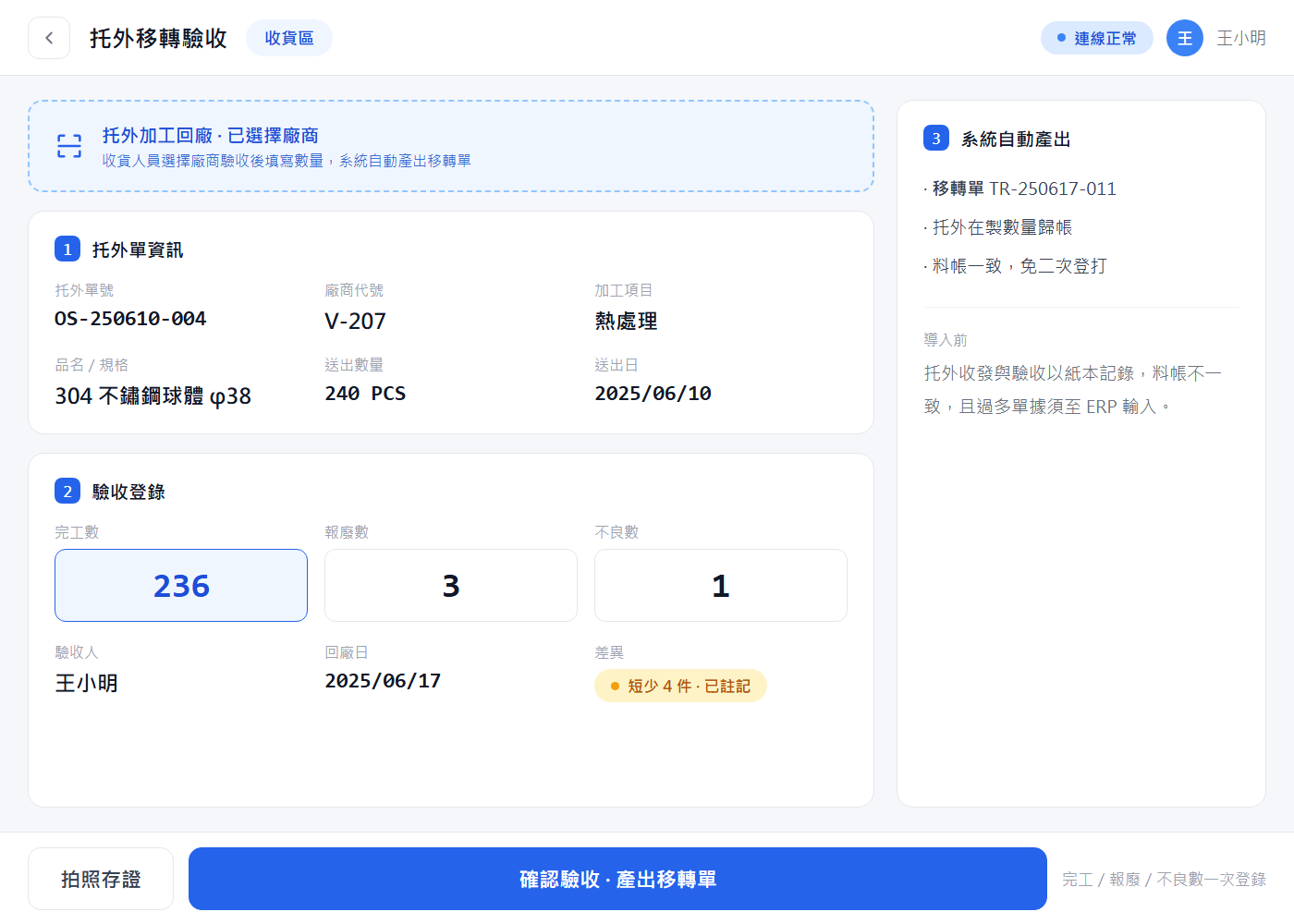 托外驗收（完工／報廢／不良數）