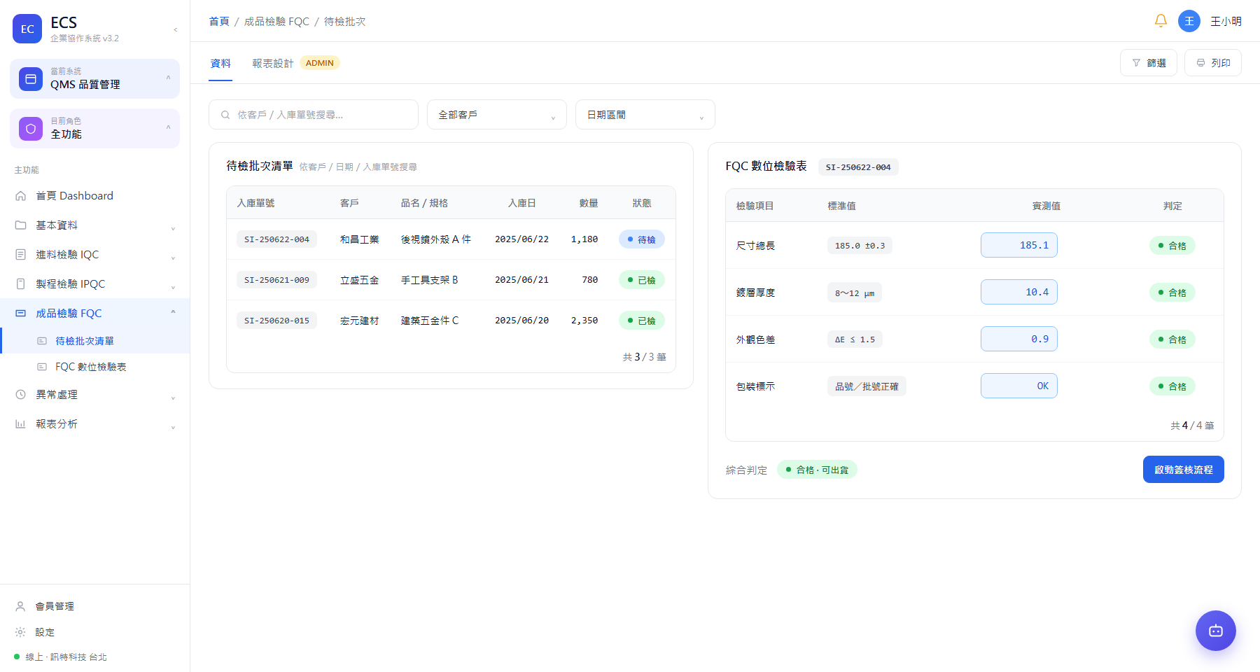 FQC 成品檢驗管理（待檢批次清單）＋ 數位檢驗表單